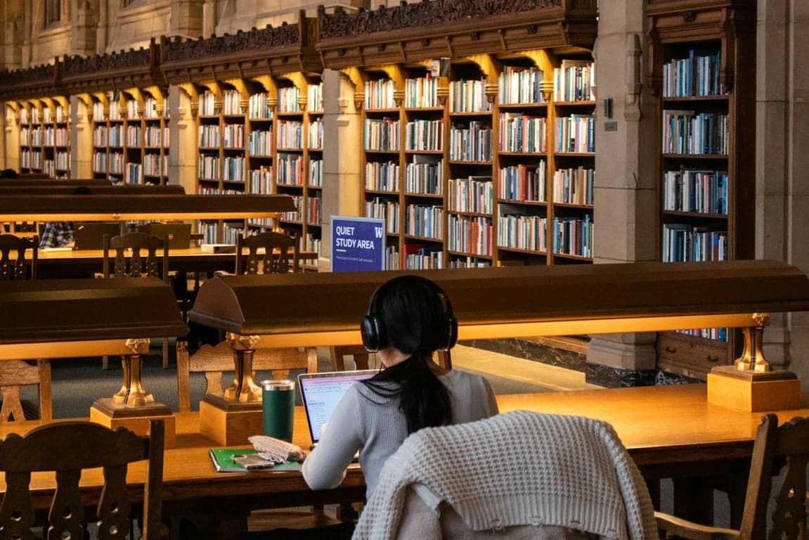 Learners studying in a large library
